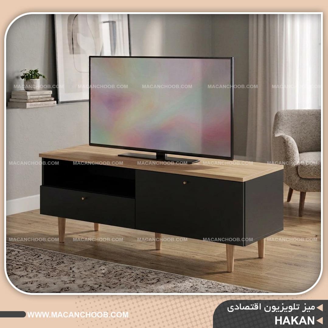 میز تلویزیون تک کشو قفسه دار عرض 120 پایه مخروطی چوبی مدل HAKAN